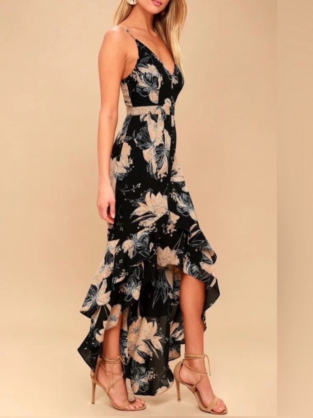 Lulu's Black and tan Floral High-Low Maxi Dress